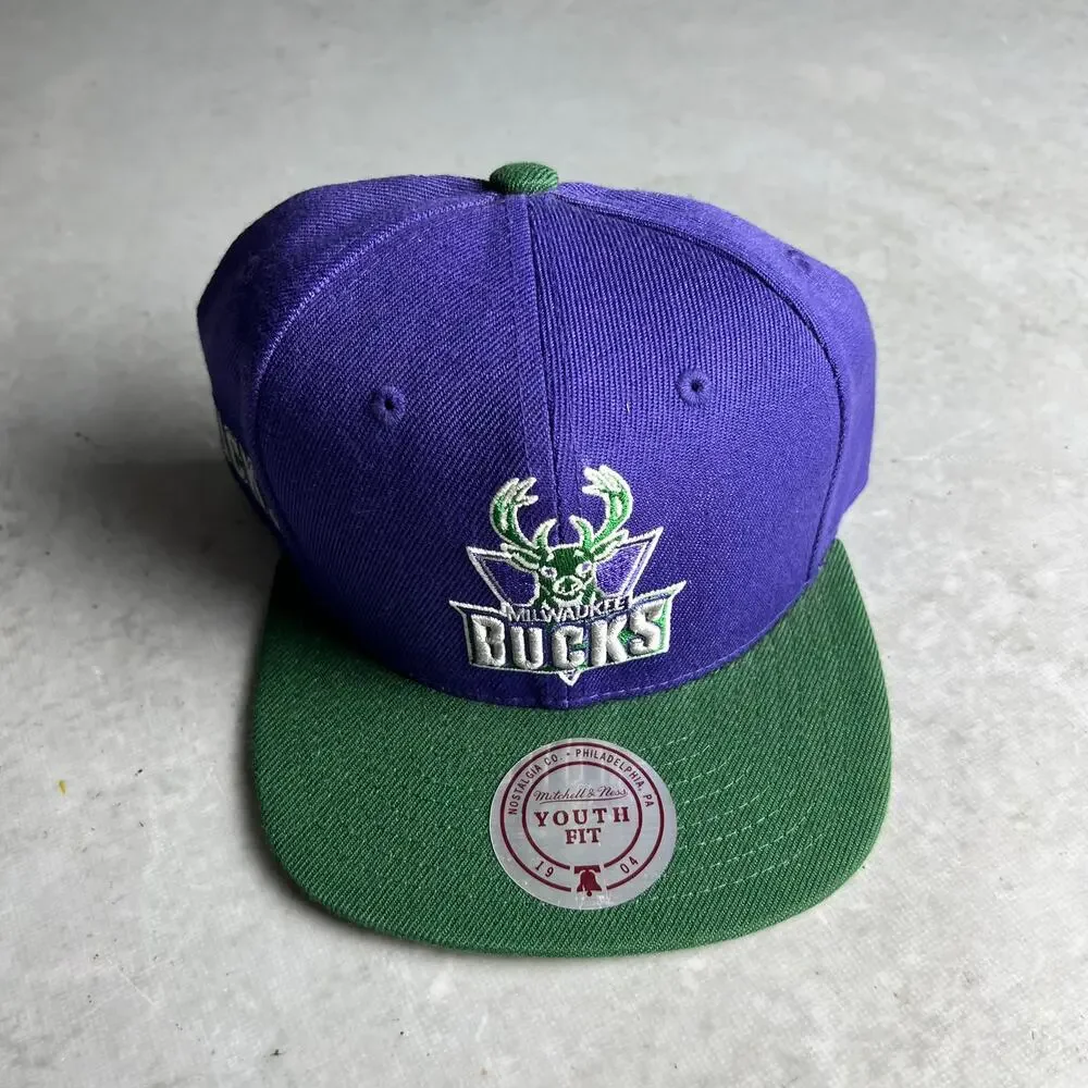 Mitchell And Ness Milwaukee Bucks SnapBack Hat Logo Purple Green Youth Fit NWT